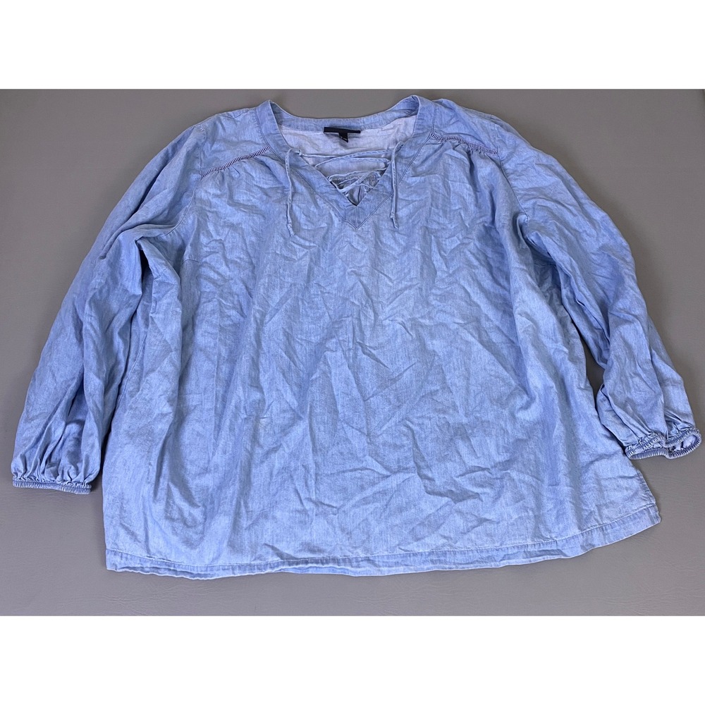 Lane Bryant Lyocell Chambray Blouse Womens 22/24 Light Blue Lace Cottagecore